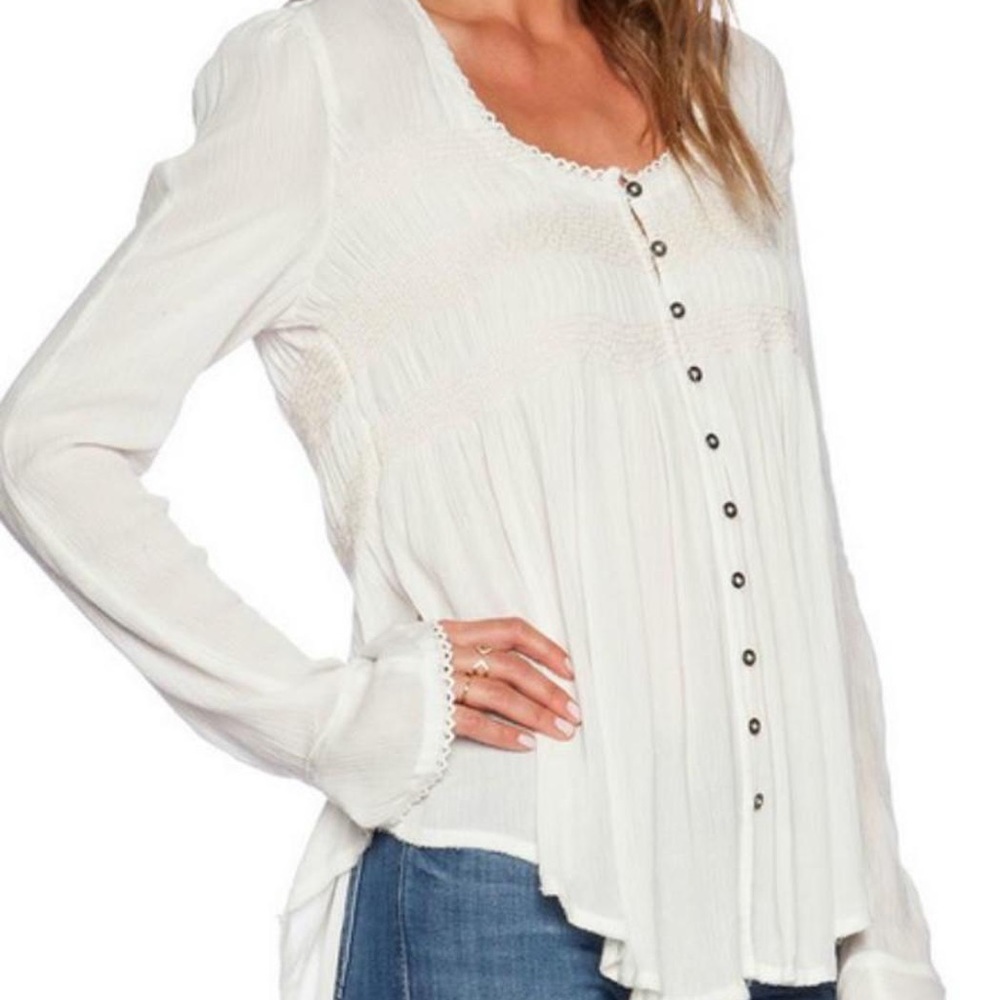 Free People Blue Bird Smocked Top Ivory S - Picture 5 of 5